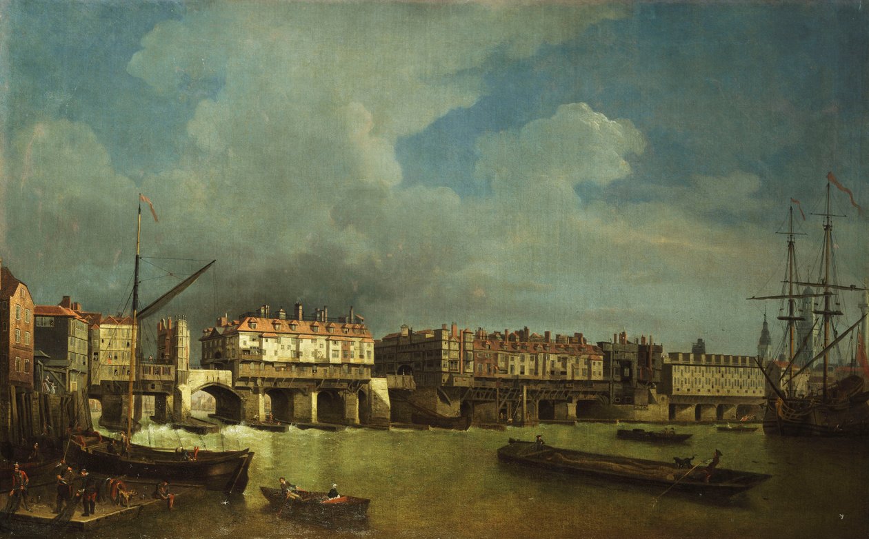 Pohled na Old London Bridge s čluny na Temži, od Samuel Scott