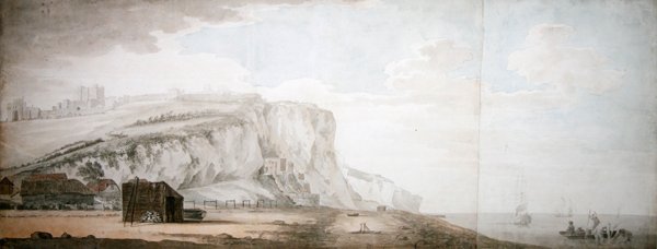 Hrad Dover a útesy z pobřeží (tužka, pero, inkoust a akvarel na papíře) od Samuel Scott