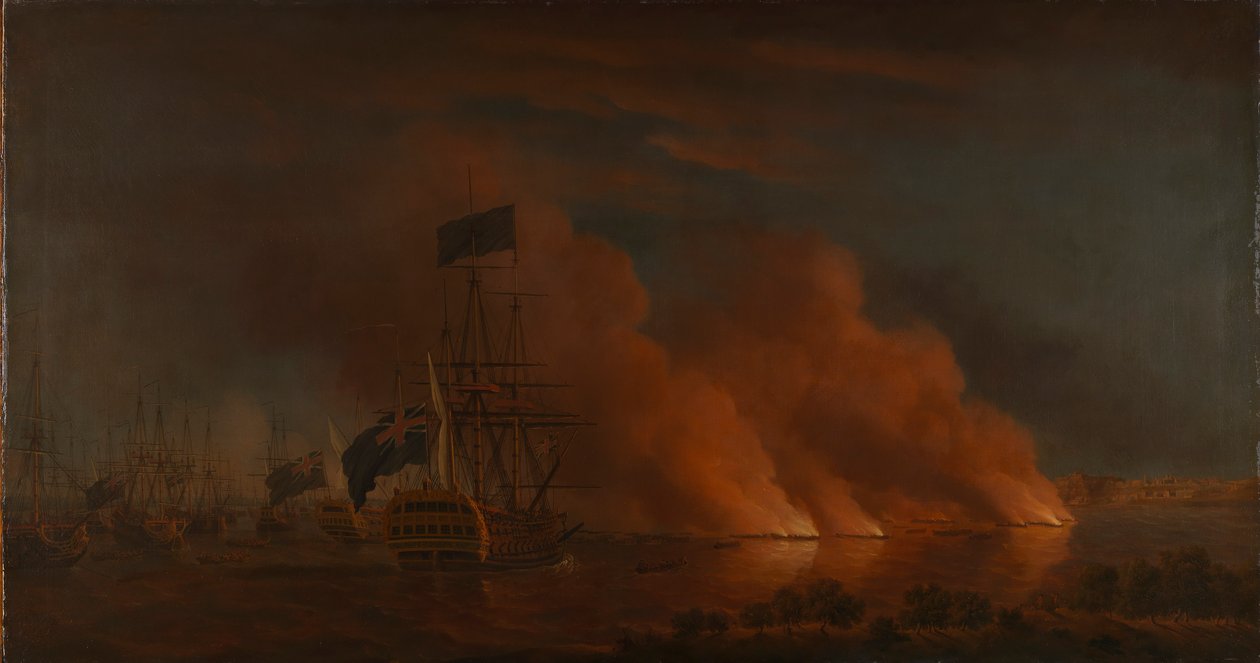 Útok francouzských lodí na britskou flotilu u Quebecu, 28. června 1759 od Samuel Scott