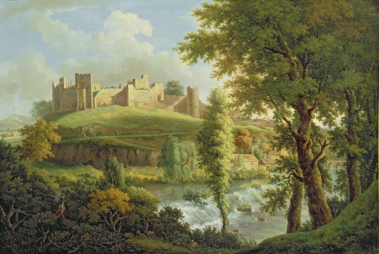 Hrad Ludlow s Dinham Weirem, z jihozápadu, kolem 1765-69 (olej na plátně) od Samuel Scott