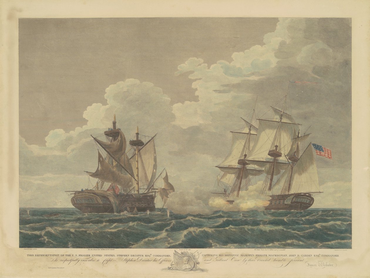 Americká fregata Spojené státy dobývání Makedonské fregaty Jeho Britského Veličenstva od Samuel Seymour, after Thomas Birch