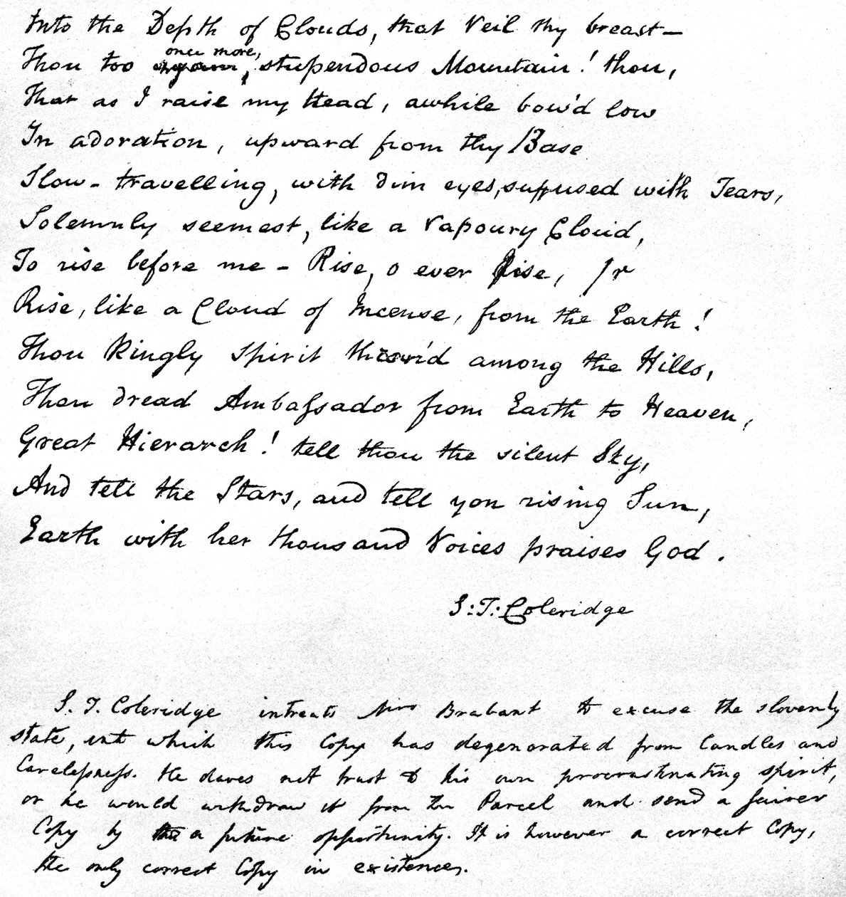 Poslední verše Coleridgesovy básně Hymn before Sunrise in the Vale of Chamouny, napsané básníkovým vlastnoručním písmem a zaslané v dopise paní Brabantové z Devizes, 1815. od Samuel Taylor Coleridge