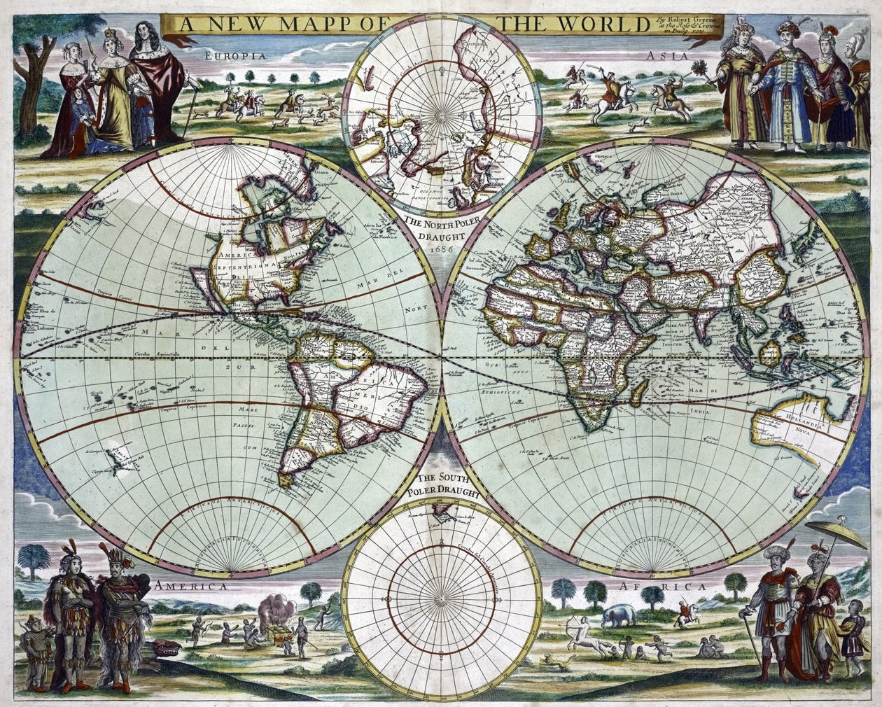 Nová mapa světa, cca 1702 (tisk) od Samuel Thornton
