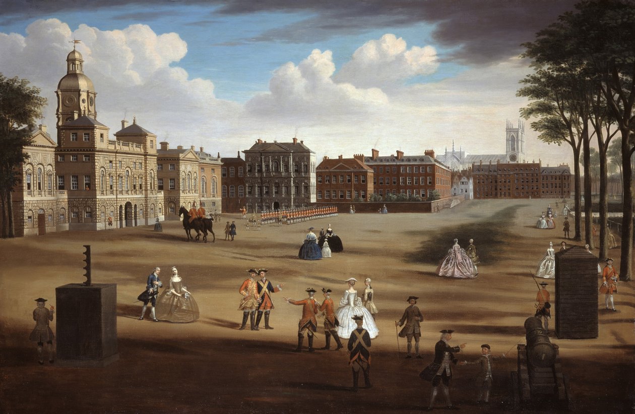 Pohled na západní frontu Horse Guards s pokladnicí a Downing Street za nimi, kolem roku 1758 od Samuel Wale