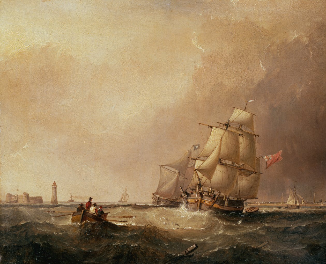Pohled na přístav Mersey a pohled na lodní dopravu z Douglas, Isle of Man (olej na panelu) od Samuel Walters