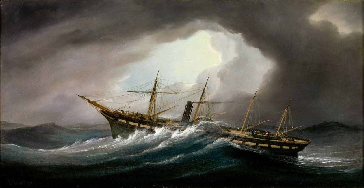 Pádlový parník "Great Western" ve vichřici, polovina - konec 19. století (olej na plátně) od Samuel Walters