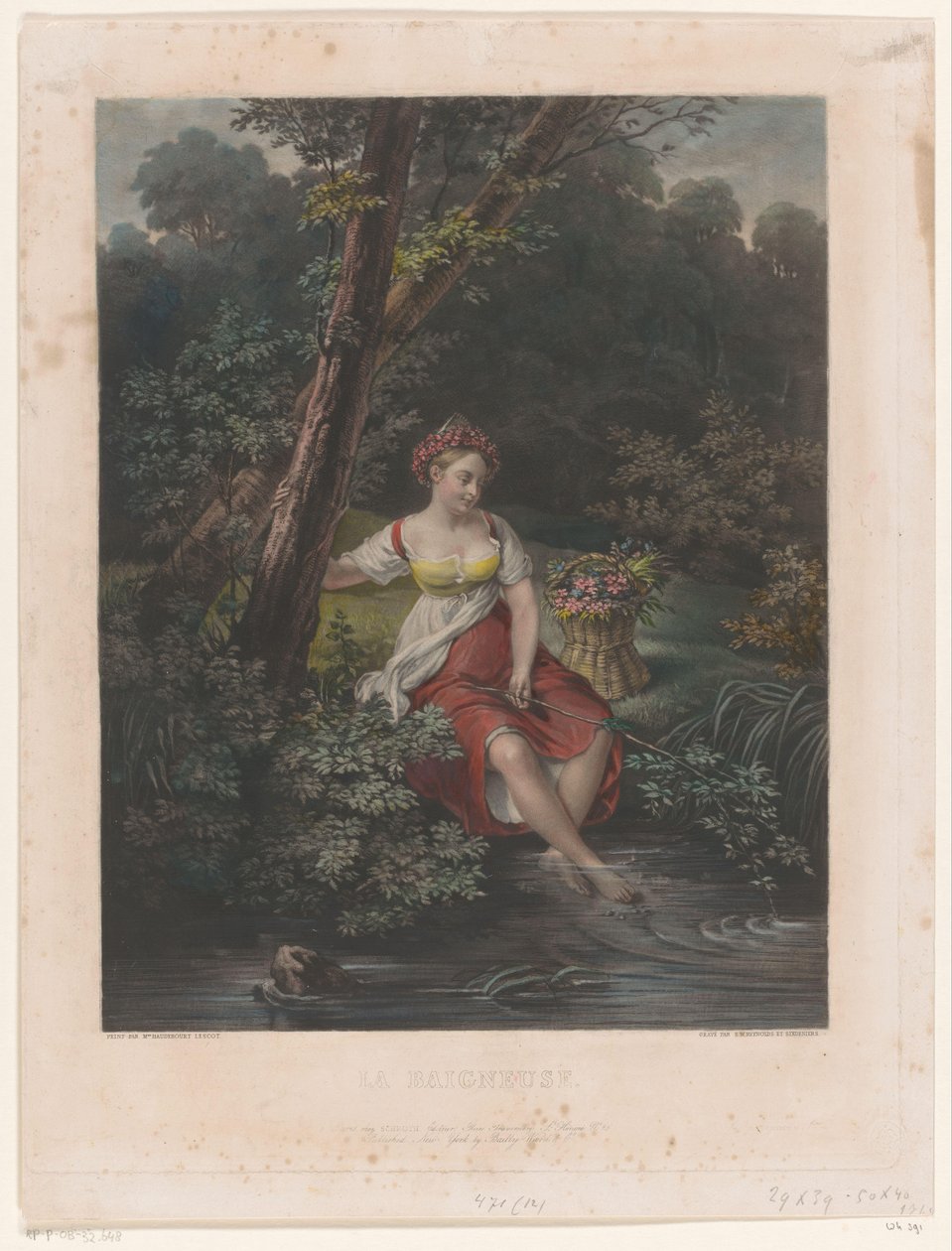 Mladá žena s věncem z květin a nohou ve vodě La Baigneuse (název na objektu) od Samuel William Reynolds (I)