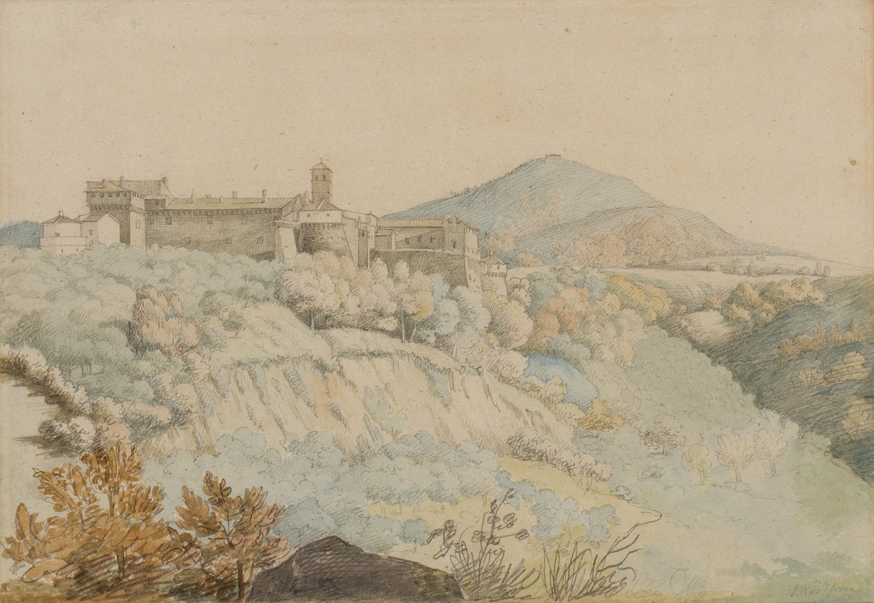 Klášter Grotta Ferrata, starověký Tusculum, Itálie, cca 1805 (tužka a wc na papíře) od Samuel Woodforde