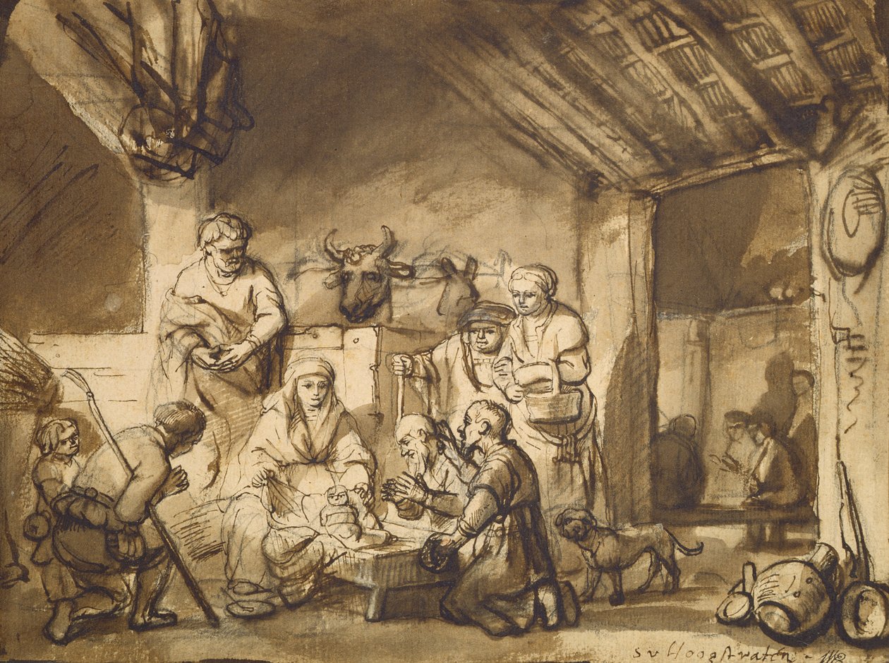 Klanění pastýřů, kolem roku 1646 (pero, štětec a tužka na papíře) od Samuel van Hoogstraten