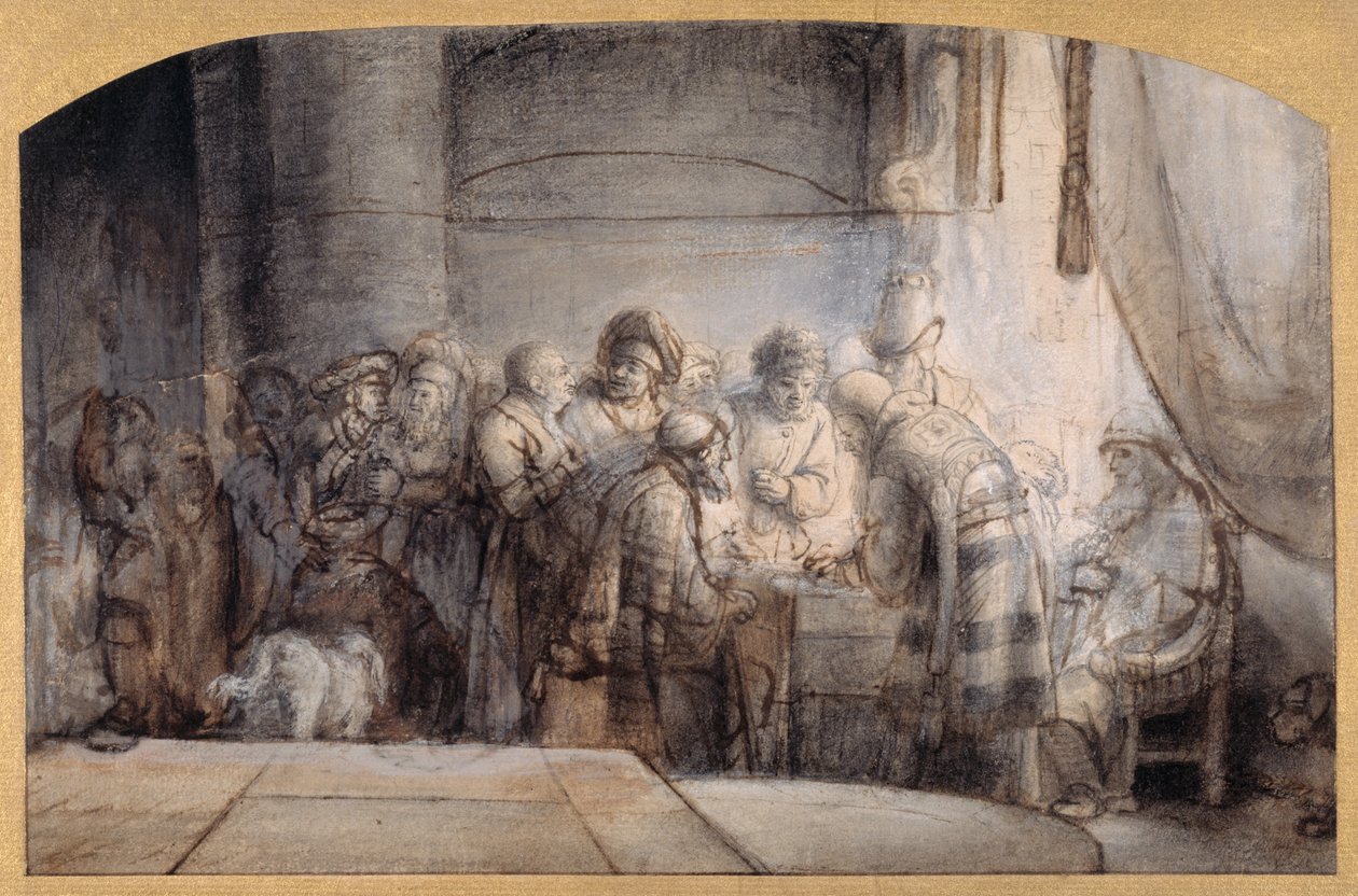 Jidáš obdrží třicet stříbrných, kolem roku 1640 (pero a inkoust na červené křídě na papíře) od Samuel van Hoogstraten