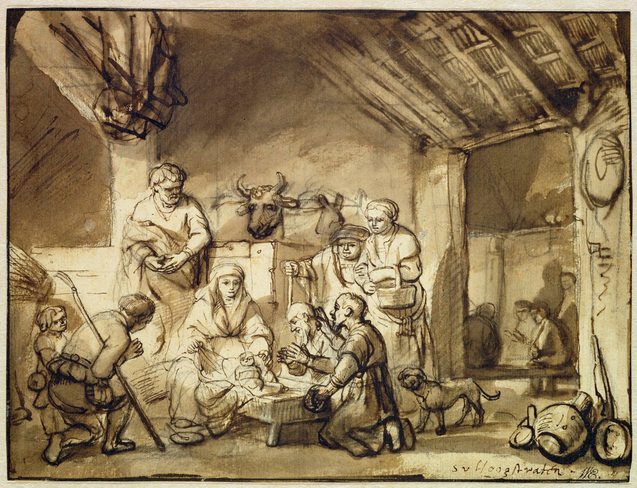 Klanění pastýřů (pero a inkoust přes černou křídu na papíře) od Samuel van Hoogstraten
