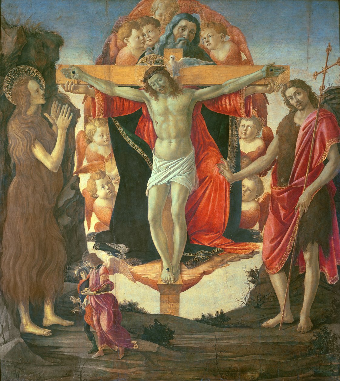 Nejsvětější Trojice se sv. Janem Křtitelem, Marií Magdalénou, Tobiášem a andělem, kolem 1490-95 (tempera na panelu) od Sandro Botticelli