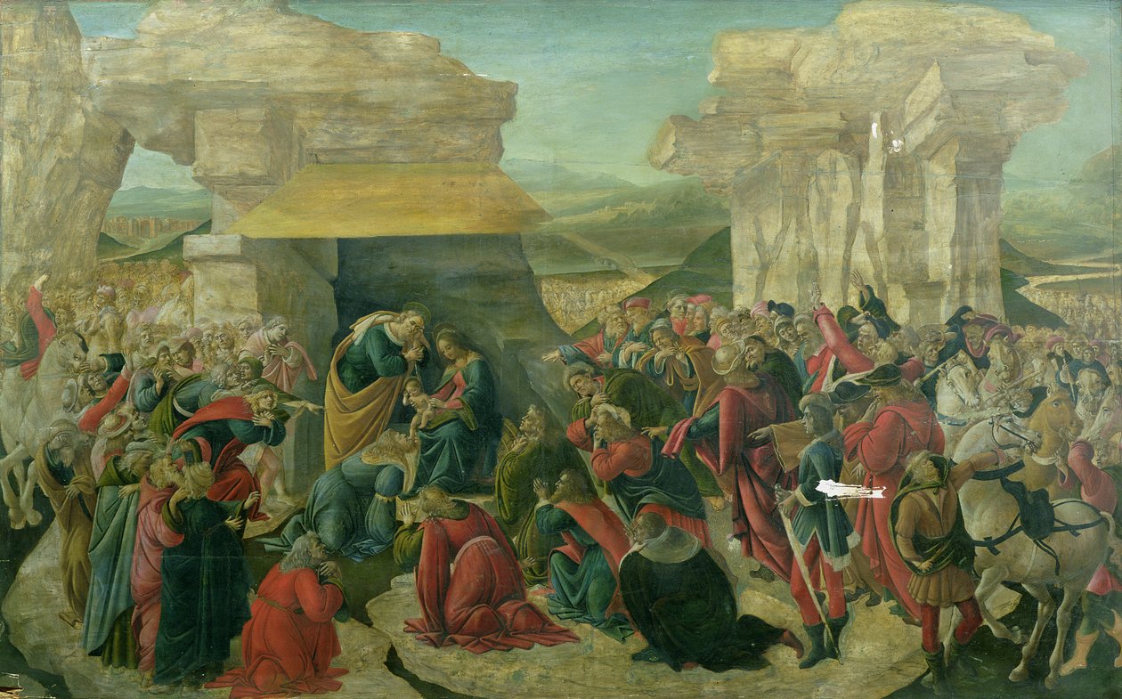 Klanění tří králů, c.1480 (tempera na panelu) (poškozeno) od Sandro Botticelli