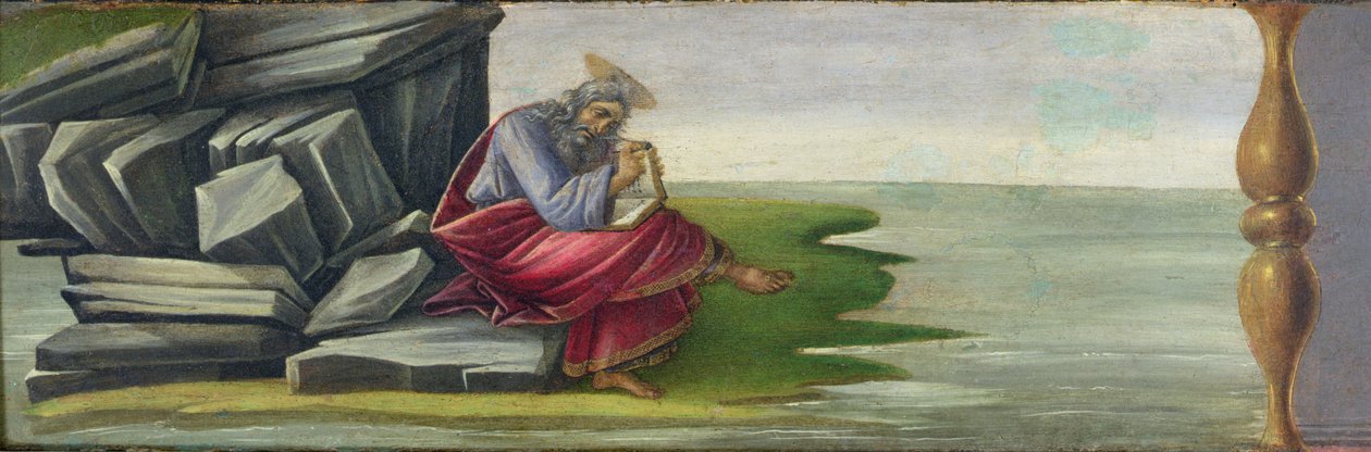 Svatý Jan Božský na Patmosu, Psaní knihy Zjevení, panel predella z oltářního obrazu svatého Marka, kolem 1488-90 (tempera na panelu) (viz 44333 a 44348) od Sandro Botticelli