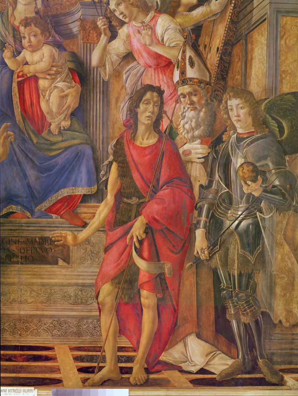 Oltářní obraz svatého Barnabáše, panny a dítěte na trůnu, detail svatého Jana Křtitele, svatého Ignáce biskupa z Antiochie, svatého Michaela, kolem 1488 tempera na dřevě od Sandro Botticelli
