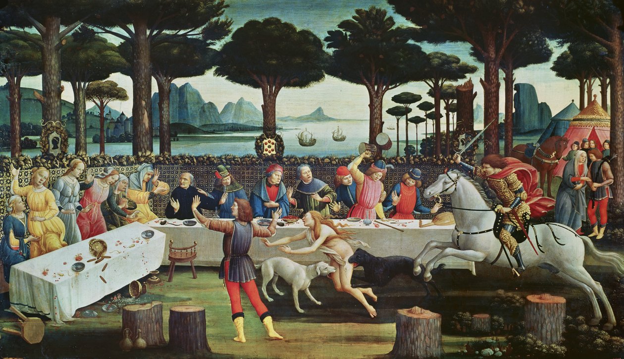 Hostina v borovém lese: (tempera na desce): scéna III z Příběhu Nastagia degli Onesti, kolem roku 1483 (tempera na desce) od Sandro Botticelli