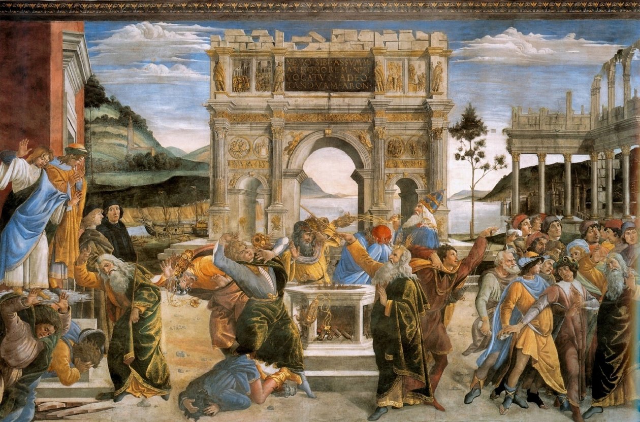 Trest Koraha a ukamenování Mojžíše a Árona od Sandro Botticelli