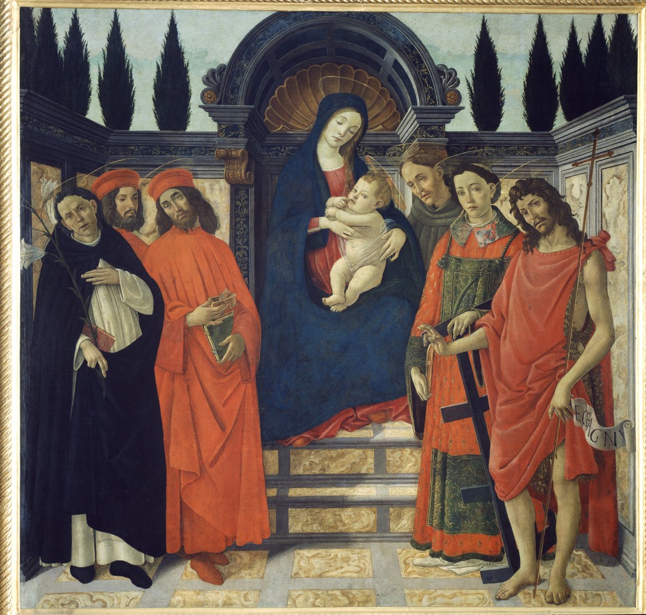 Panna s dítětem se svatým Janem Křtitelem, svatým Damiánem a svatým Kosmem od Sandro Botticelli