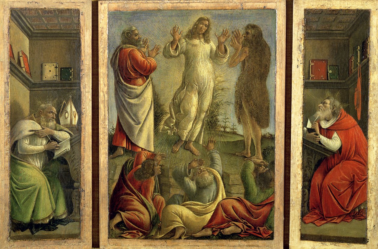 Triptych zobrazující Proměnění, Ježíš se zjevuje svým učedníkům se svatými Jeronýmem a Augustinem na bočních panelech, cca 1500 (tempera na panelu) od Sandro Botticelli