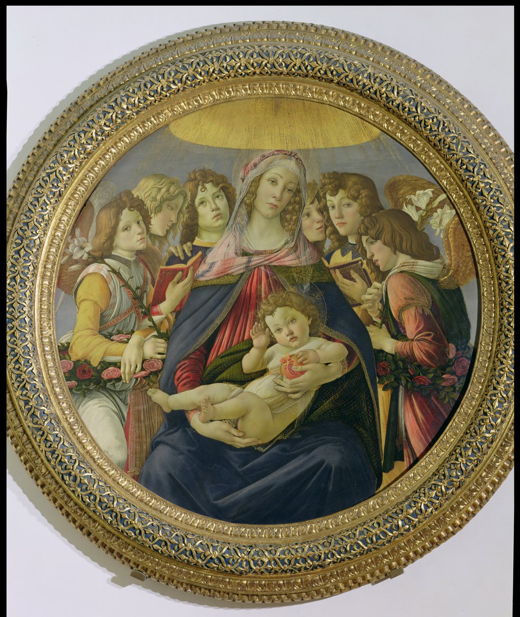 Panna a dítě se šesti anděly, zvaná Madona z granátového jablka, kolem 1478-79 (tempera na panelu) (podrobnosti viz 148859) od Sandro Botticelli