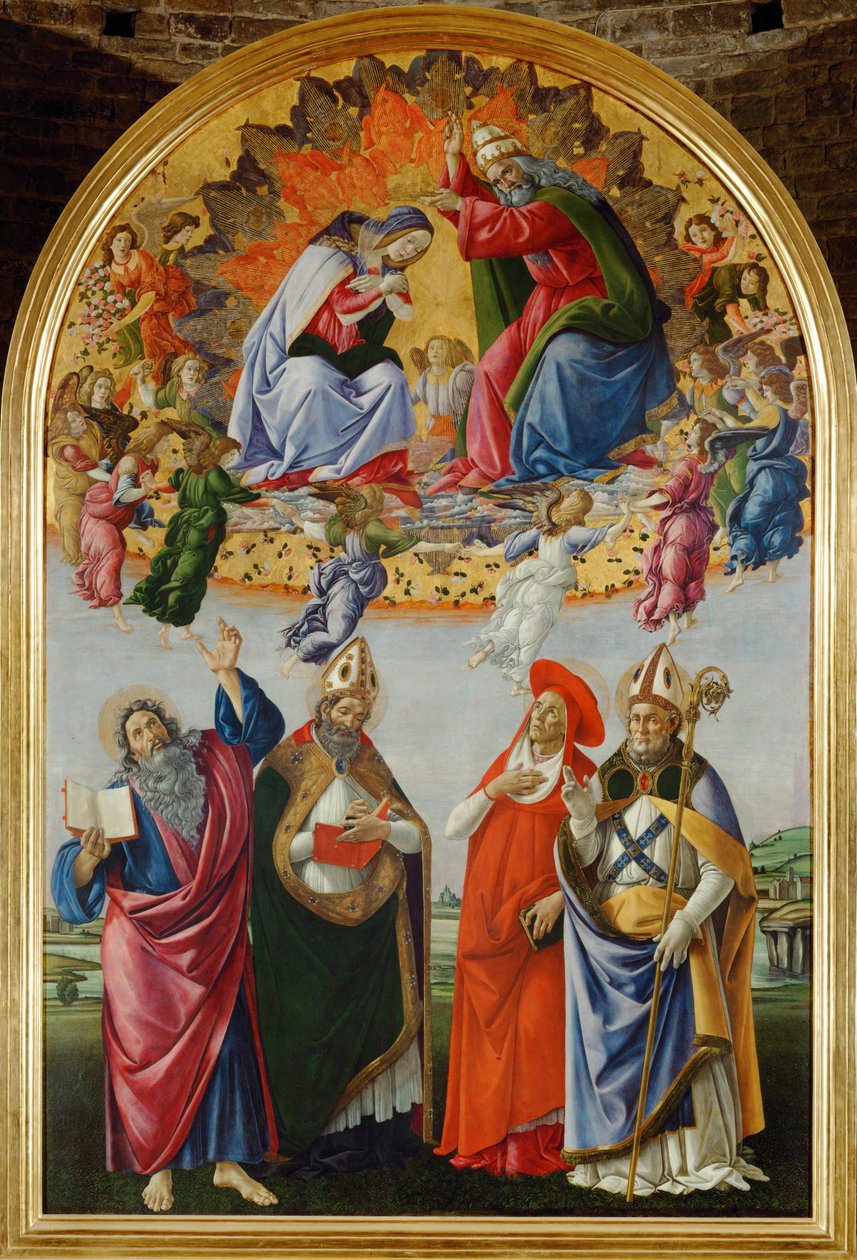 Korunovace Panny Marie se šestnácti anděly a světci: Jan Evangelista, Augustin, Jeroným a Eligius (tempera na dřevě). od Sandro (1444/5-1510) Botticelli