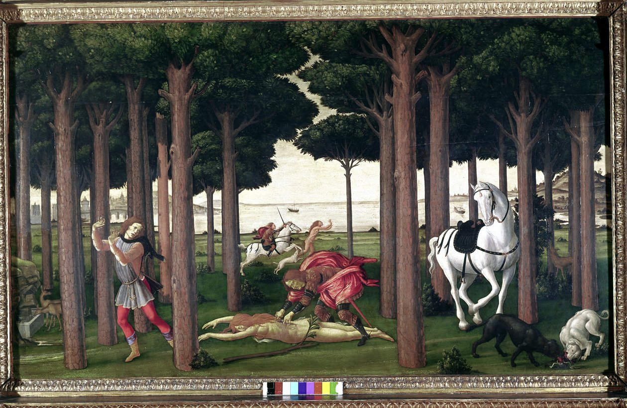 Z Boccacciova Dekameronu; Příběhy Nastagio degli Onesti (druhá epizoda) od Sandro (1444/5 1510) Botticelli