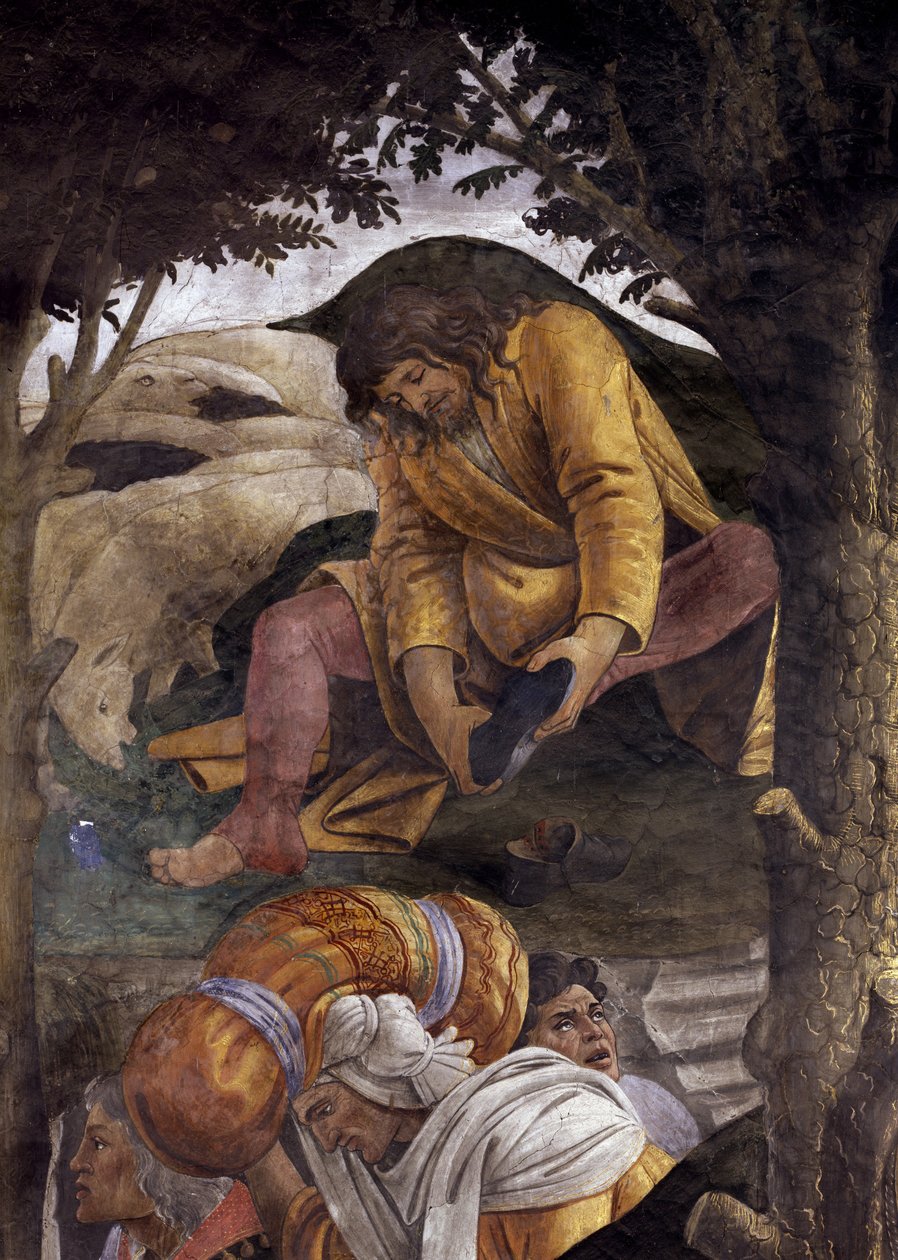 Příběh Mojžíšova života. Detail Mojžíše obouvání bot na nohy. Obraz Alessandra di Mariano dei Filipepi známý jako Sandro Botticelli (1445-1510). Freska od Sandro Botticelli