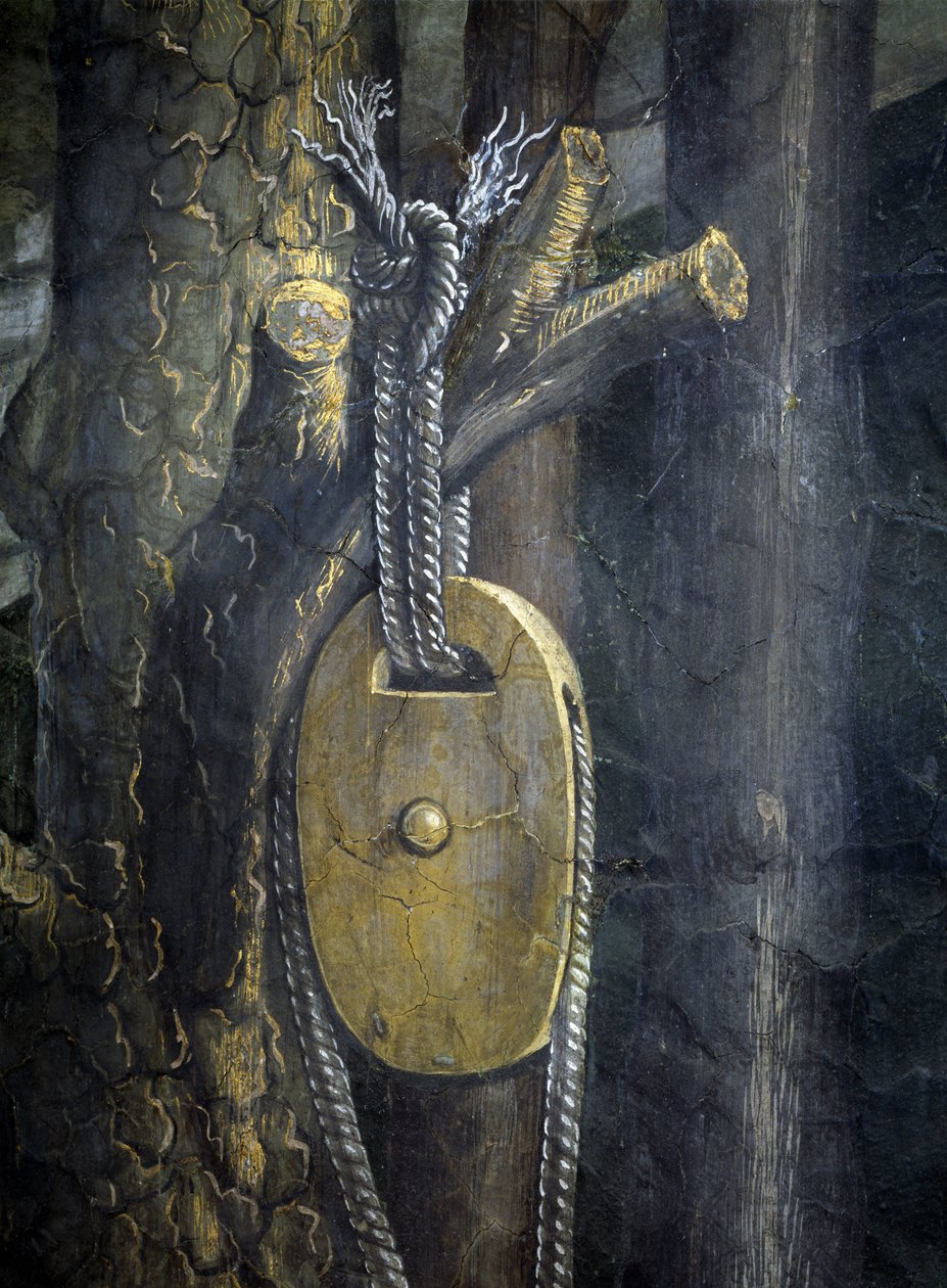 Příběh Mojžíšova života. Detail provazu a kladky studny. Obraz Alessandra di Mariana dei Filipepiho známého jako Sandro Botticelli (1445-1510). Freska od Sandro (1444/5 1510) Botticelli