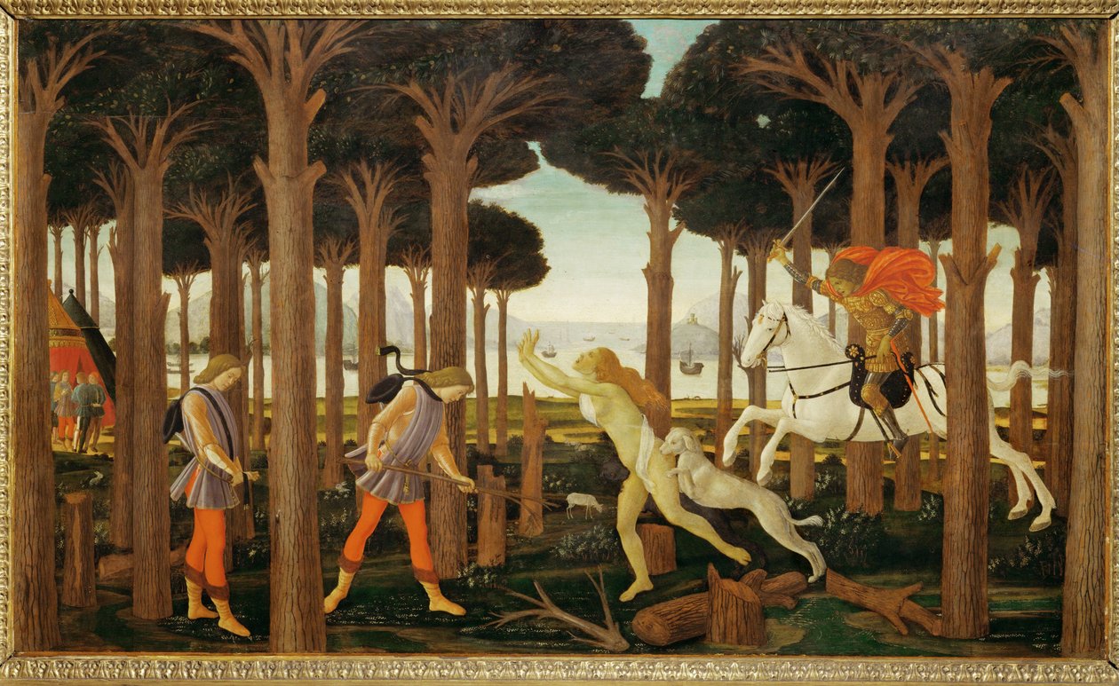 Příběh Nastagia degli Onesti, první ze tří panelů: (malba na dřevě), první povídka, Nastagio smutně kráčí lesem... od Sandro (1444/5 1510) Botticelli