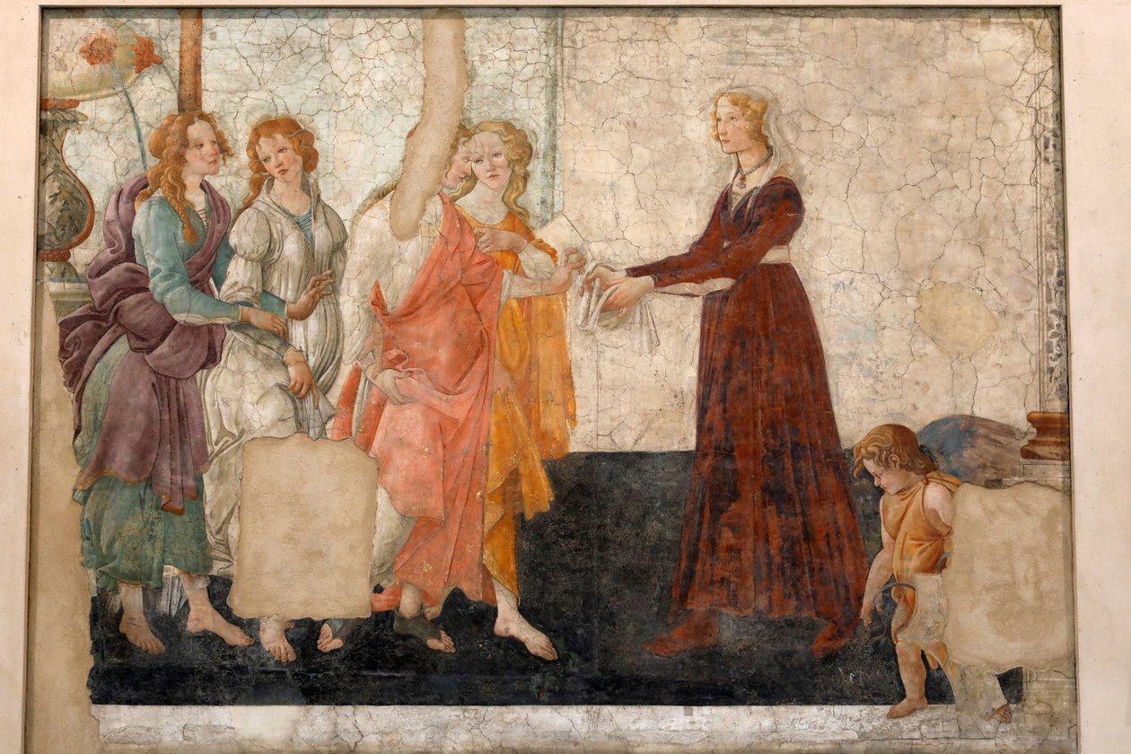 Venuše a 3 grácie nabízejí dárky panně, kolem 1483-85 (freska) od Sandro Botticelli