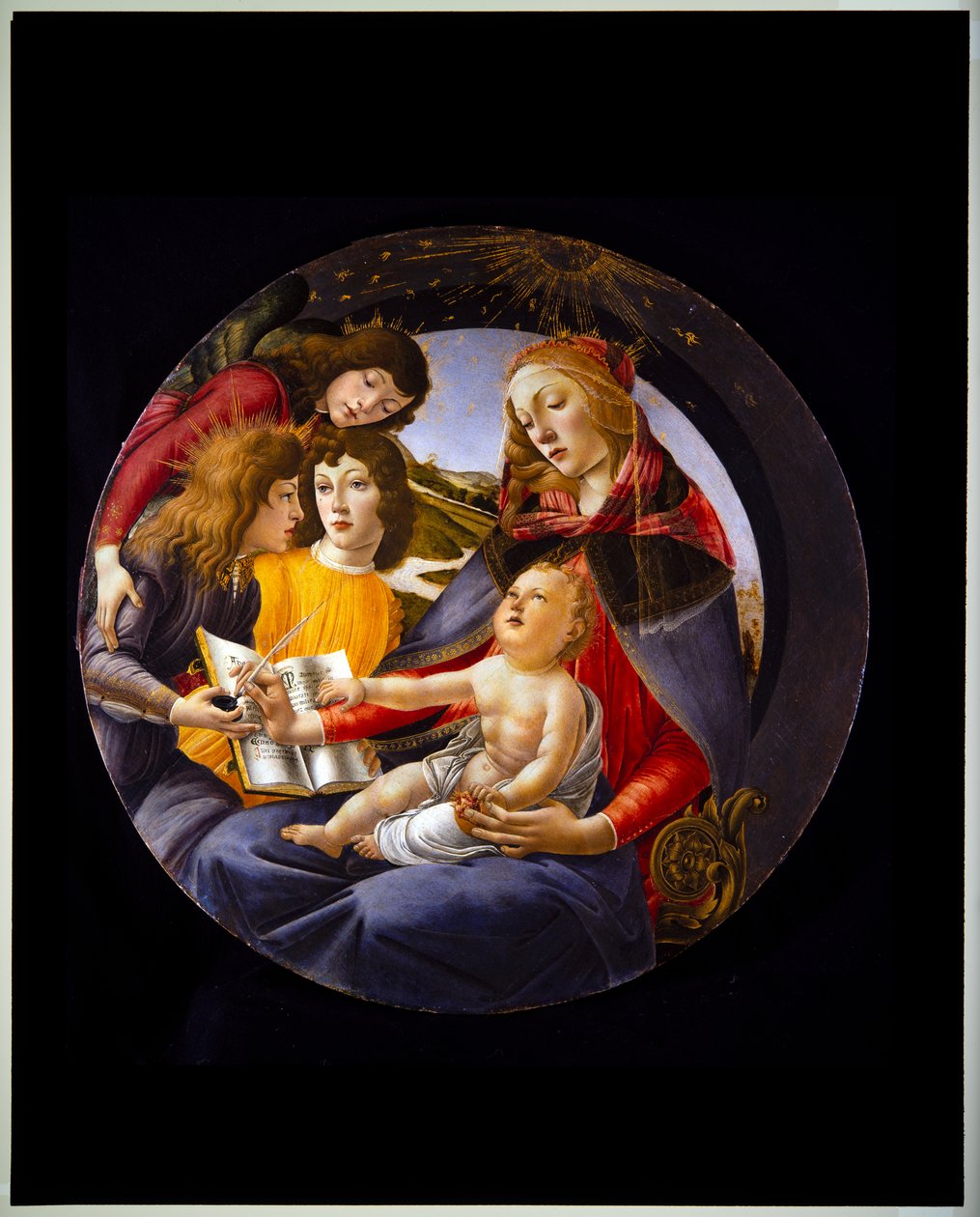 Panna Marie s dítětem a třemi anděly, nazývaná také Madona Magnificat (deska) od Sandro (1444/5 1510) Botticelli