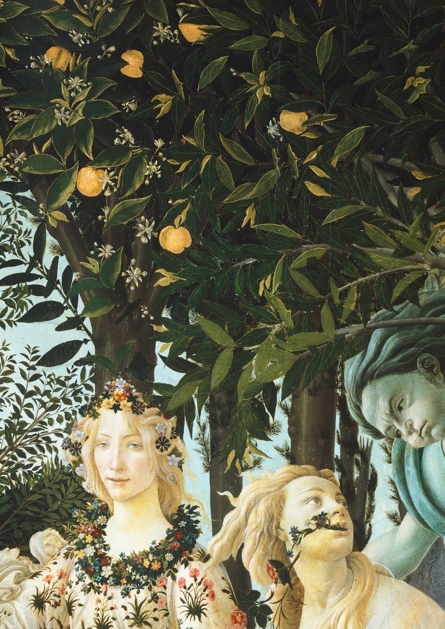 Flora, Zephyrus a Cloris, detail z Alegorie jara (Primavera), c. 1477-1482 (tempera na dřevě) od Sandro Botticelli