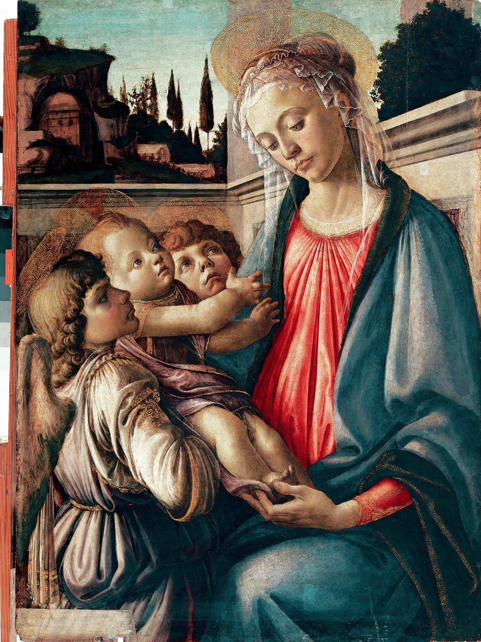 Madonna má dítě se dvěma anděly Detrempe on Wood od Sandro Filipepi dit Botticelli (1445-1510) 1468-1469 Rozm. 100x71 cm Neapol, Galleria Nazionali di Capodimonte - Madona s dítětem se dvěma anděly, od Sandro Filipepi a.k.a Botticelli (1445-1510). Nálada od Sandro Botticelli