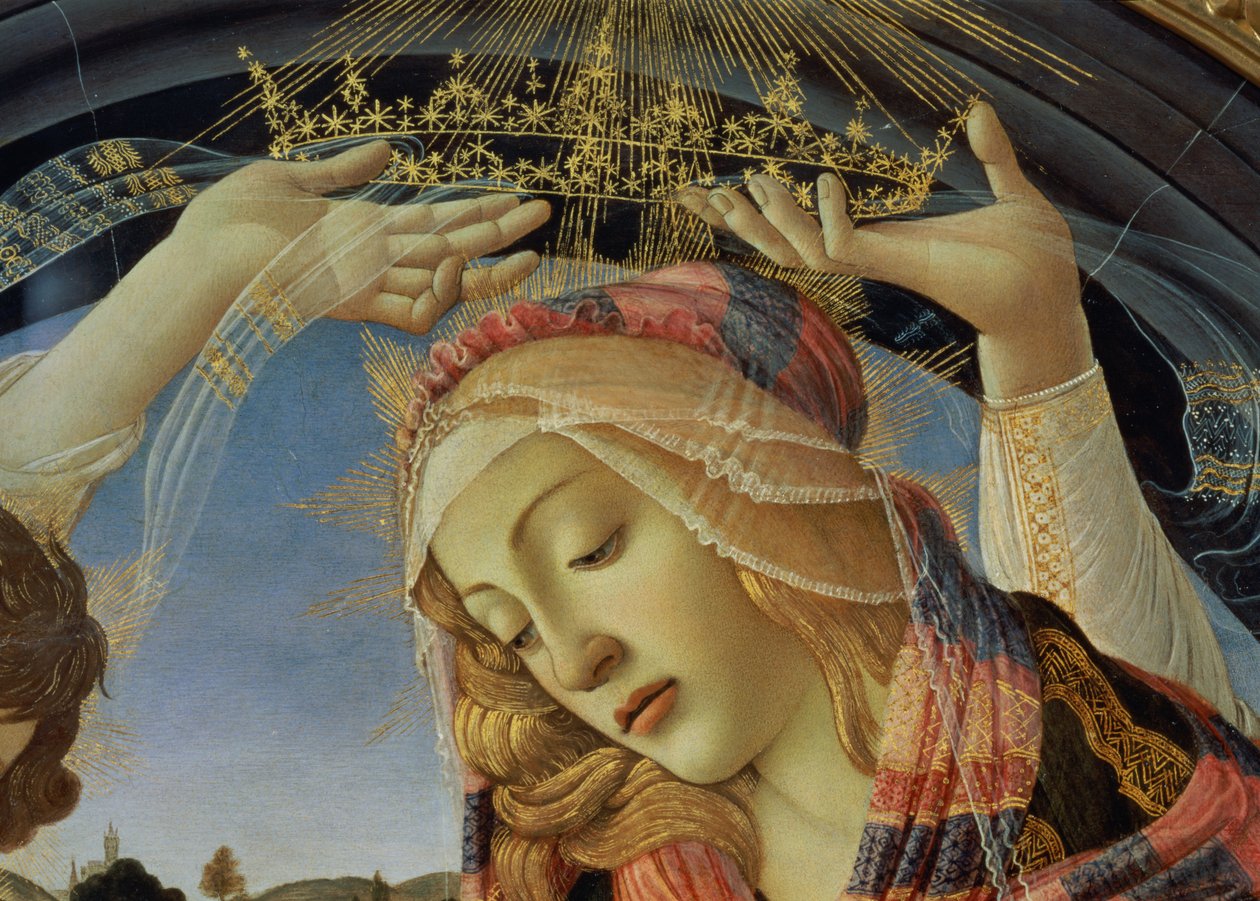 Madona z Magnificat, detail tváře a koruny Panny od Sandro Botticelli