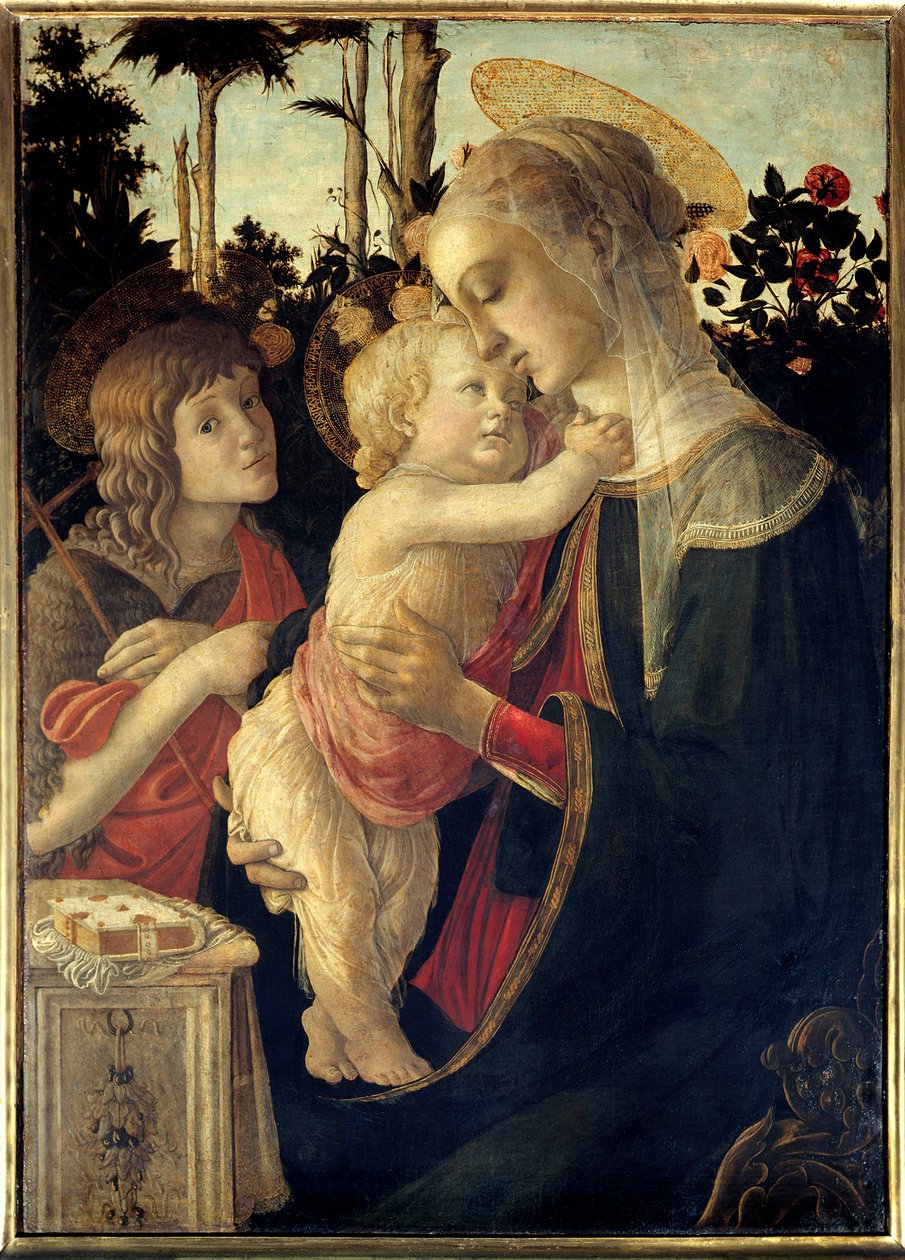 Panna a Dítě Ježíš s malým dítětem svatého Jana Křtitele Obraz od Alessandra di Mariano dei Filipepi dit Sandro Botticelli (1445-1510). Slunce 15. století. 0,90 x 0,67 m - Panna, dítě Ježíš a svatý Jan Křtitel, dítě. Malování b od Sandro Botticelli