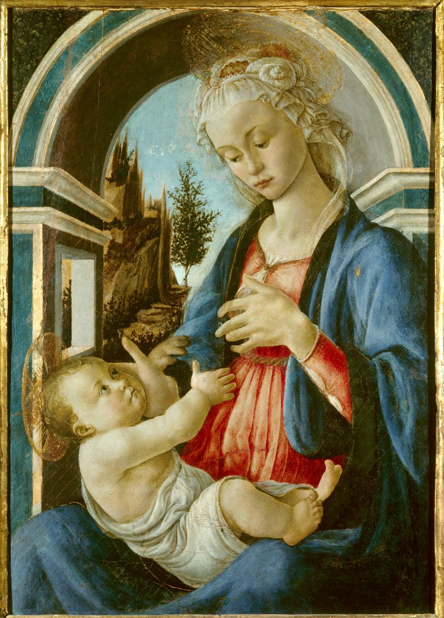 Obraz Panna a dítě od Sandro Botticelli (Filipepi) (1445-1510). 1467. Slunce 72x51 m. Avignon, Musee du Peinture Palais od Sandro Botticelli