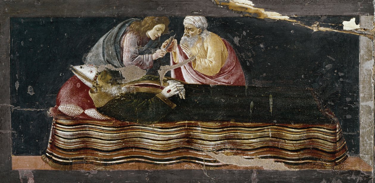Extrakce srdce svatého Ignáce. Detail oltářního obrazu svatého Barnaba (tempera na dřevě od Sandro Botticelli
