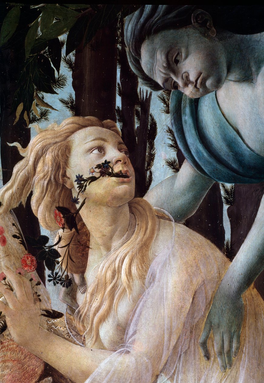 Jaro. Detail: Zephyr zachycující Chloris na sobě průhledný závoj (Painting od Sandro Botticelli