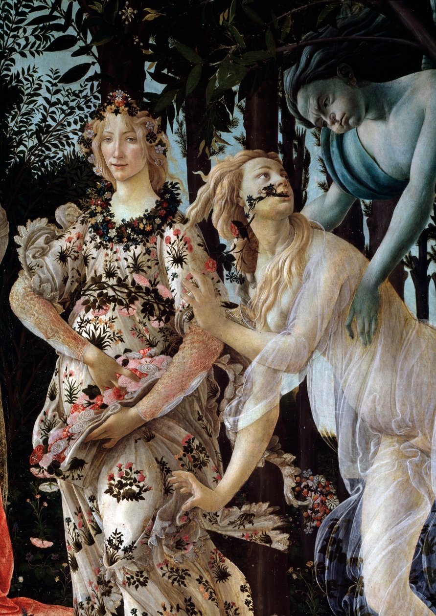 Jaro. Detail: Zephyr se zmocňuje nymfy Chloris v průhledném závoji a Flora v jejích květinových šatech (Obraz od Sandro Botticelli
