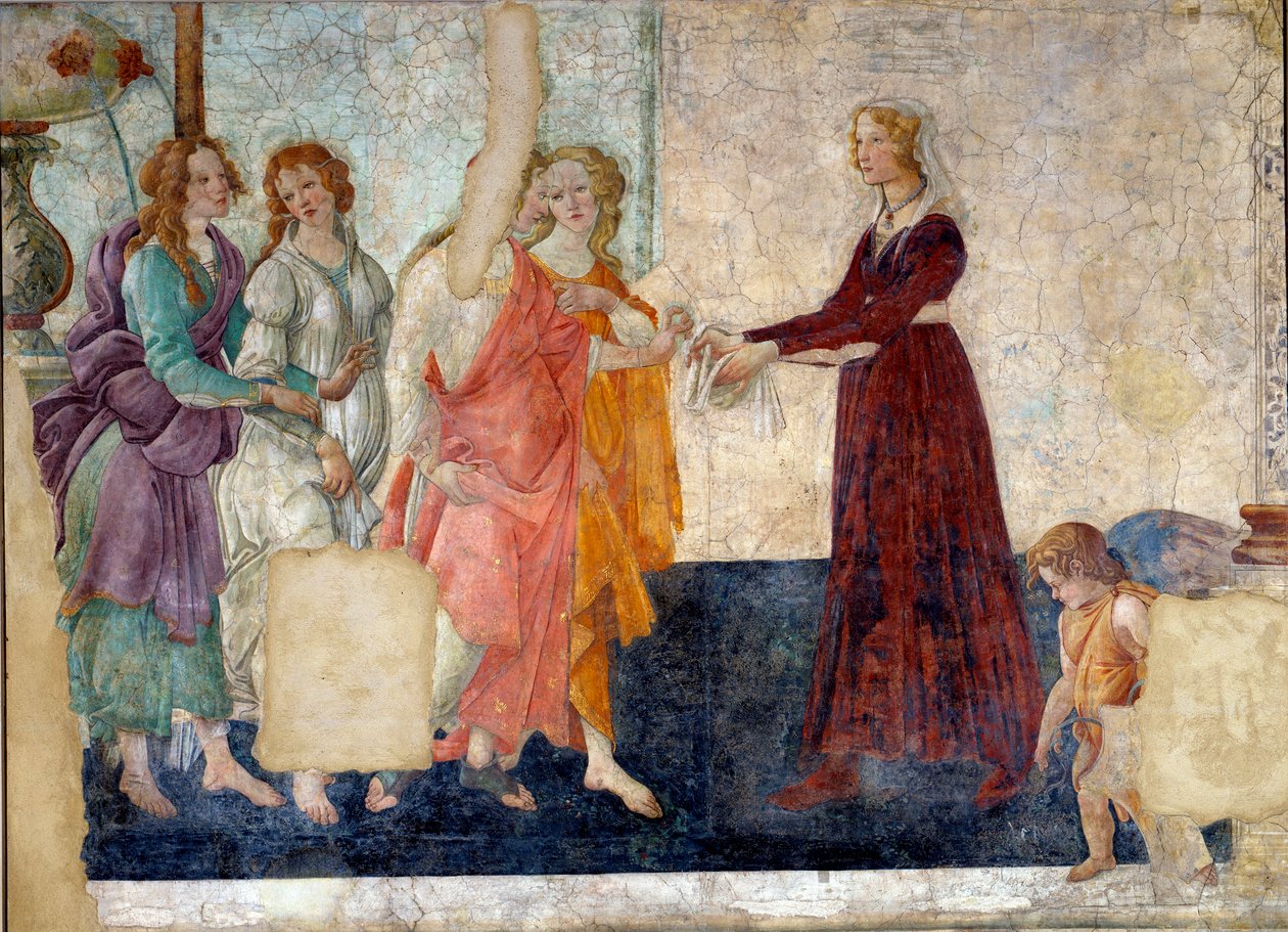 Venuše a milosti nabízejí dárky mladé dívce. Freska vily Lemmi. Obraz Sandro Botticelli (1444-1510) od Sandro Botticelli