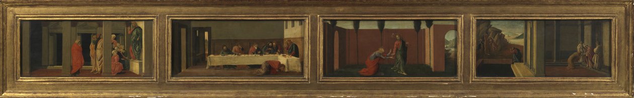 Scény ze života Máří Magdalény (čtyři panely predella - a. Kristovo vyučování; b. hostina v domě Šimona; c. Noli me Tangere; d. poslední chvíle Magdaleny) od Sandro (after) Botticelli