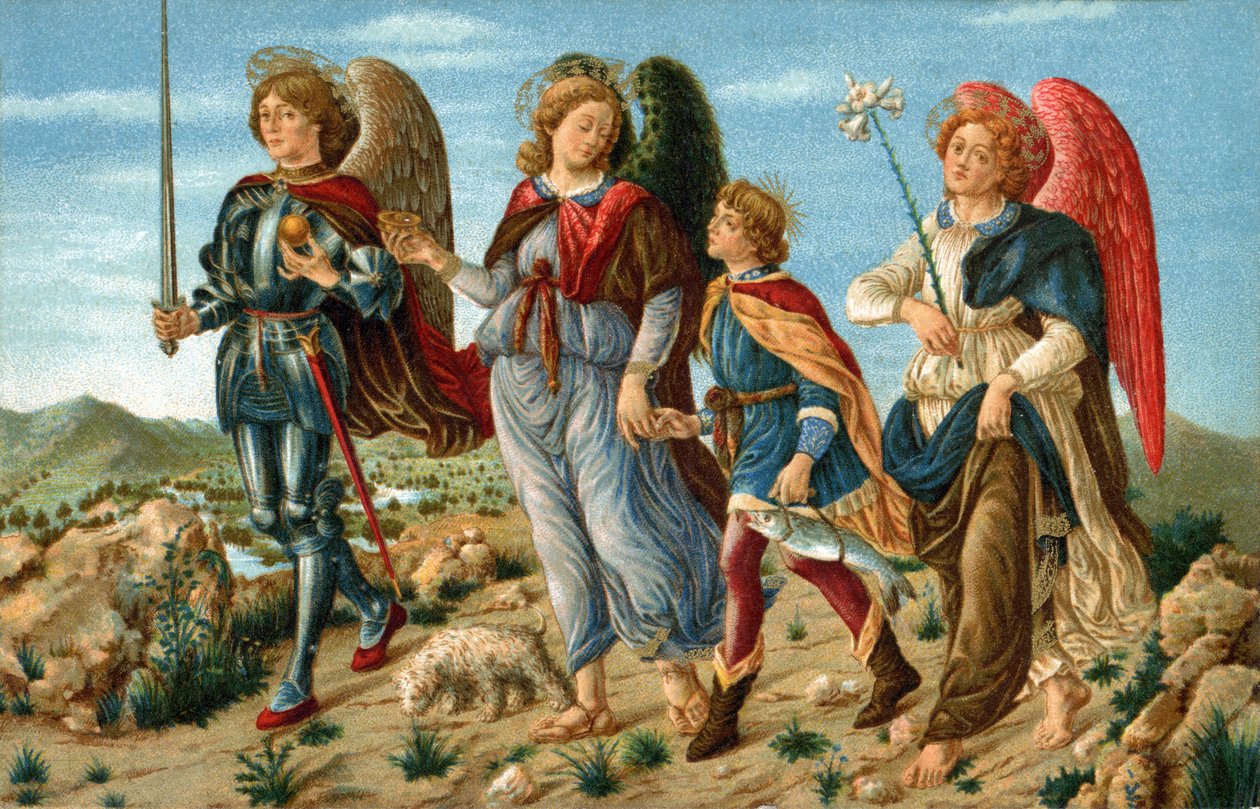 Tři archandělé a Tobie. Andělé Raphael, Gabriel a Michel doprovázející mladého Tobieho. Chromolitografie zhotovená kolem roku 1900 pro pohlednici podle obrazu Sandro Botticelliho (1445-1510). od Sandro (after) Botticelli