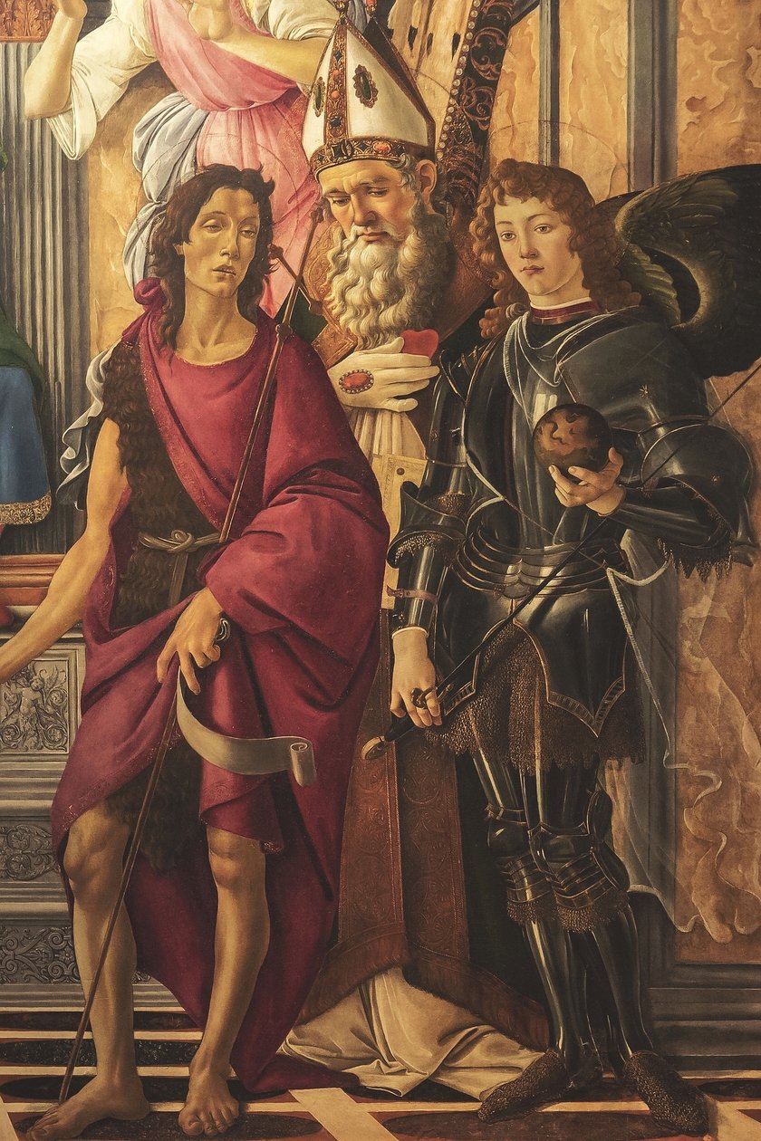 Oltářní obraz, hlavní deska: Madona na trůně, čtyři andělé a světci od Sandro Botticelli