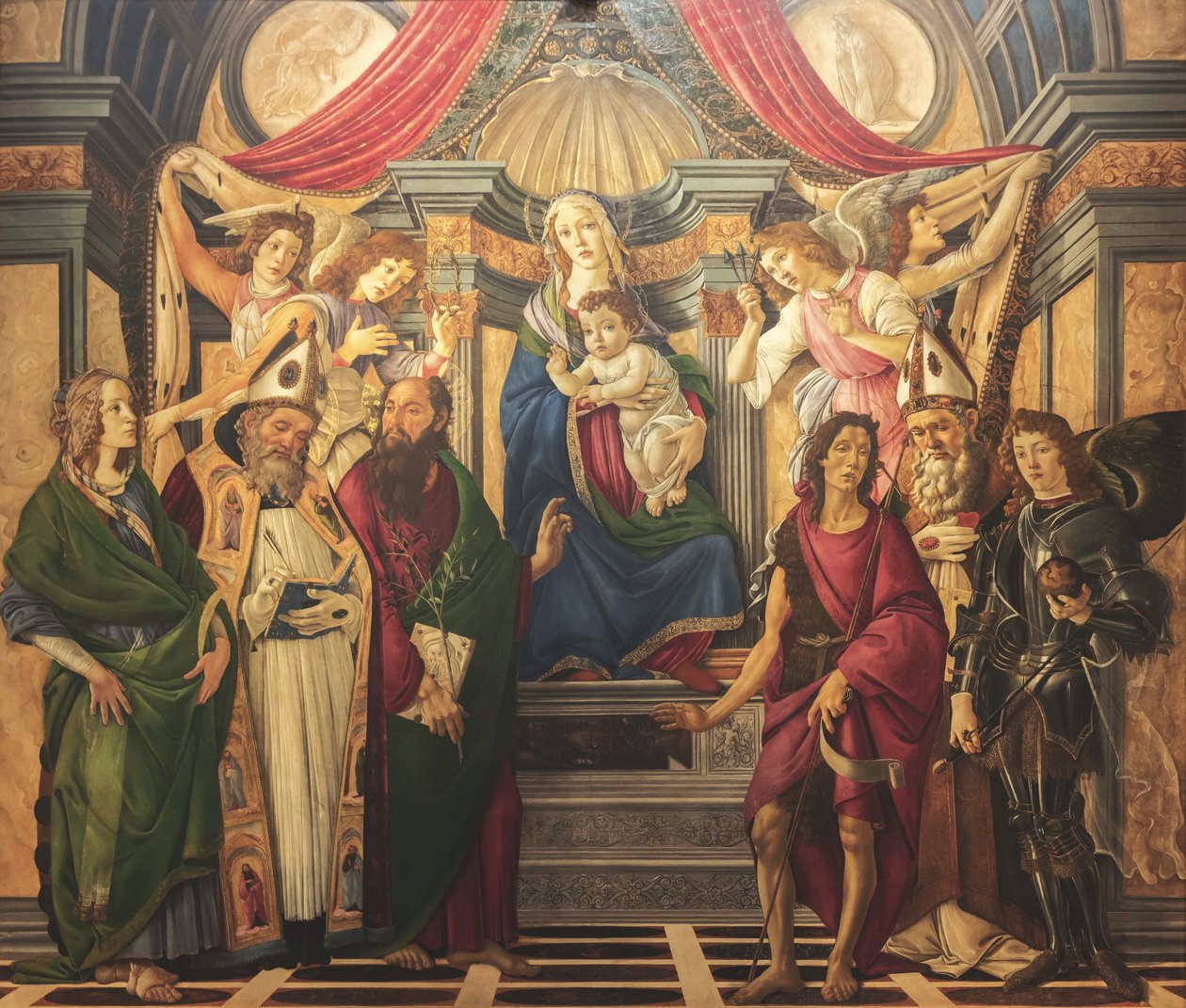 Oltářní obraz, hlavní deska: Madona na trůně, čtyři andělé a světci od Sandro Botticelli