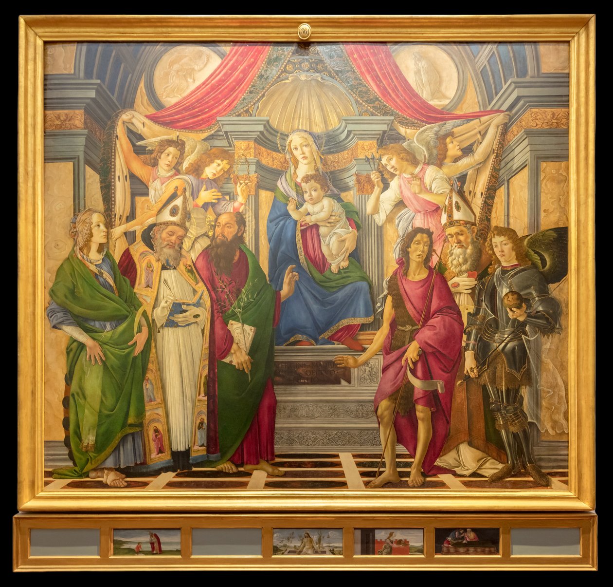 Oltářní obraz, hlavní deska: Madona na trůně, čtyři andělé a světci od Sandro Botticelli