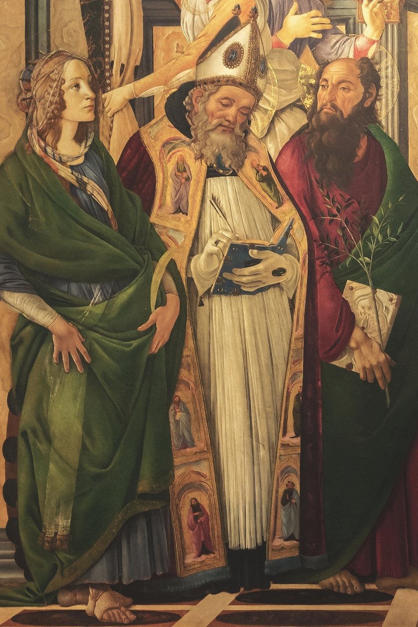 Oltářní obraz, hlavní deska: Madona na trůně, čtyři andělé a světci od Sandro Botticelli