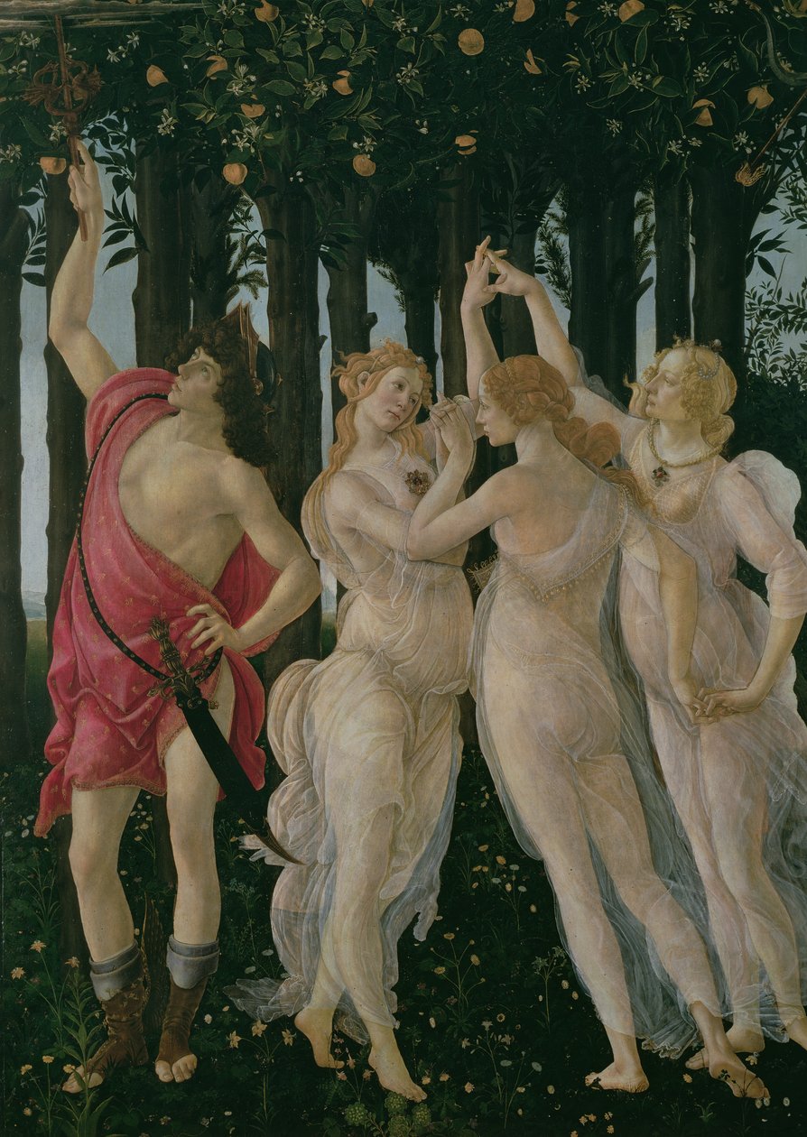 Detail Tří Grácií a Merkura, z tempery Primavera na detail panelu 558 od Sandro Botticelli