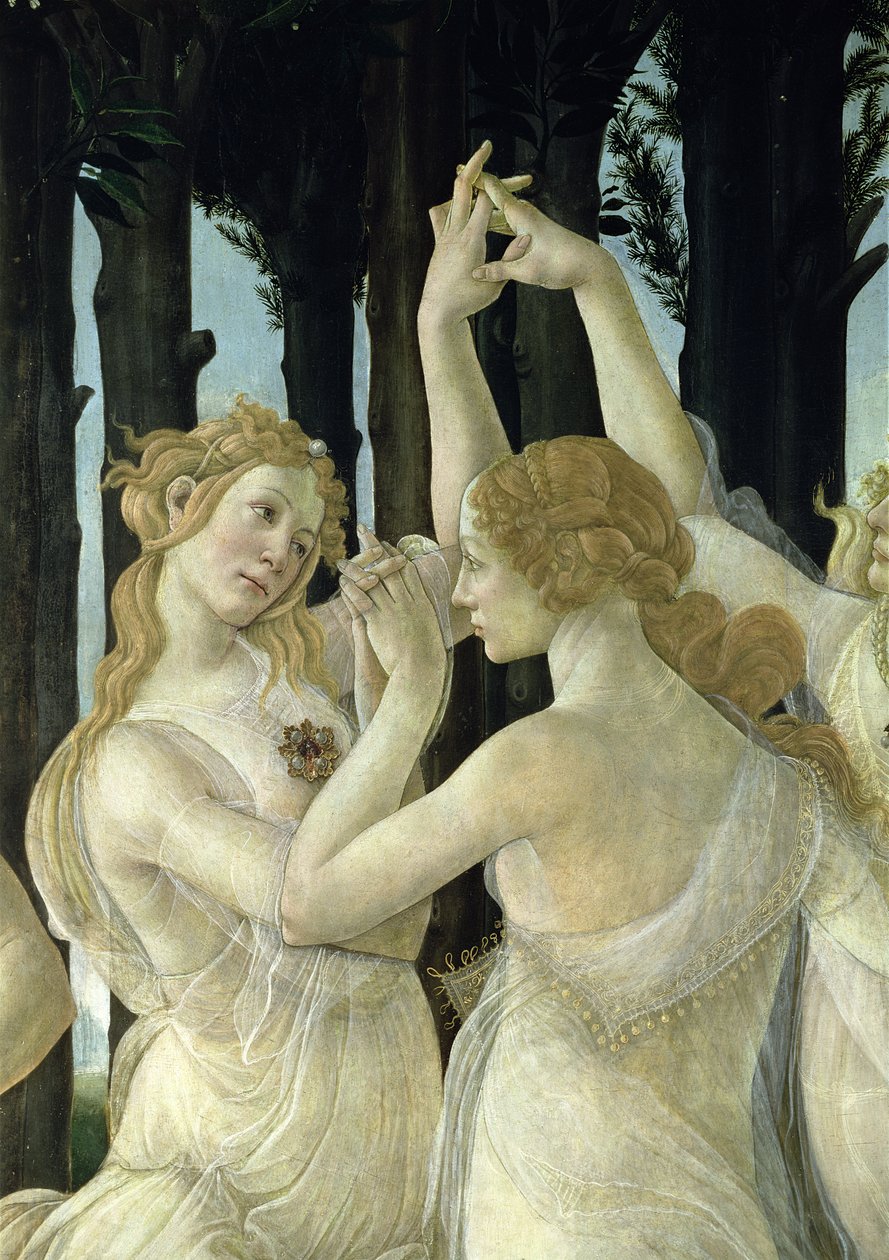 Detail dvou ze Tří Grácií, z tempery Primavera na detail panelu 558 od Sandro Botticelli