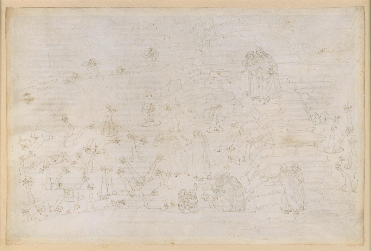 La Divina Commedia, Peklo XIX. Vergilius a Dante v osmém kruhu pekla (Malebolge), 3. bolgia: Zkorumpovaní církevní hodnostáři, trest pro simonisty od Sandro Botticelli