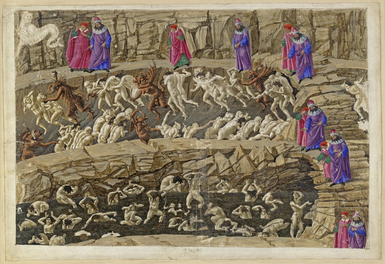 La Divina Commedia, Inferno XVIII. Vergilius a Dante v osmém kruhu pekla (Malebolge), 1. a 2. bolgia: Trest pro kuplíře a svůdníky, lichotníky a prostitutky od Sandro Botticelli